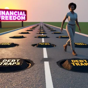 A person avoiding a large hole on a road labeled 'Debt Traps' while following a clear path to financial freedom.