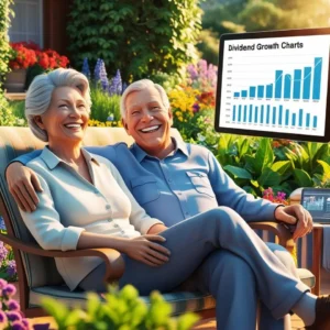 3D illustration of a retired couple enjoying financial freedom, sitting in a lush garden with dividend-paying stocks shown as charts.