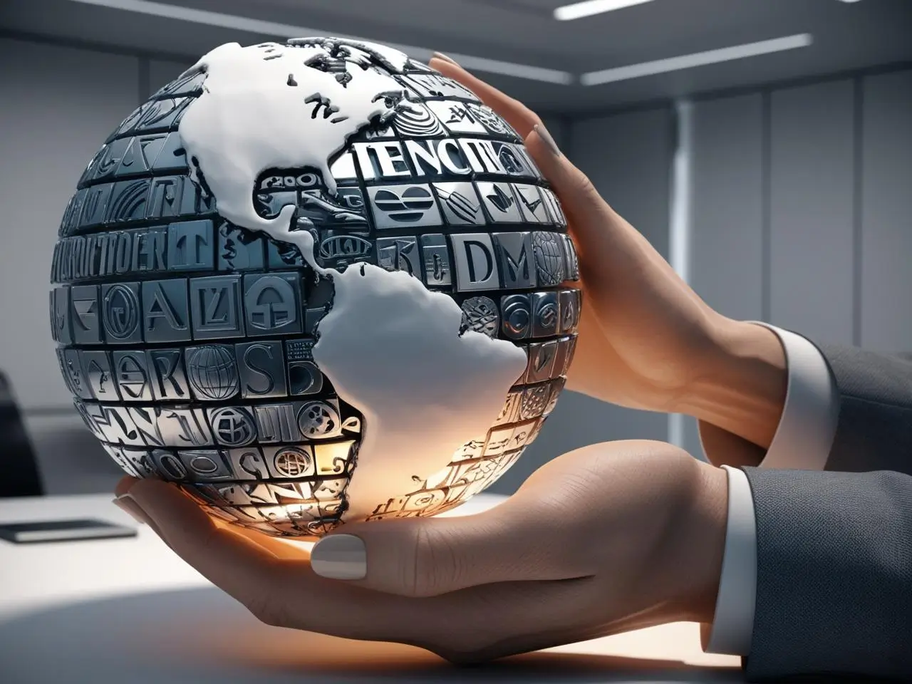 An investor’s hand holding a globe composed of 3D symbols, representing diversification in blue-chip stocks.