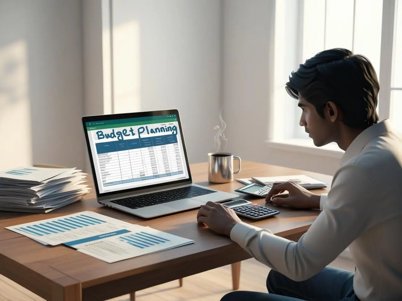 A person analyzing a budget with financial tools for credit management.