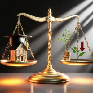 The double-edged sword of debt represented by a glowing balance scale with education and home ownership on one side and financial stress on the other.