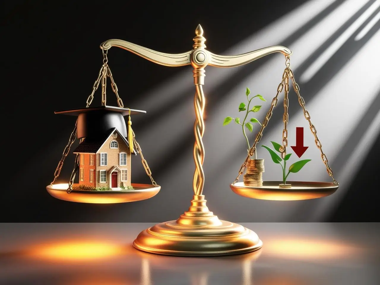 The double-edged sword of debt represented by a glowing balance scale with education and home ownership on one side and financial stress on the other.