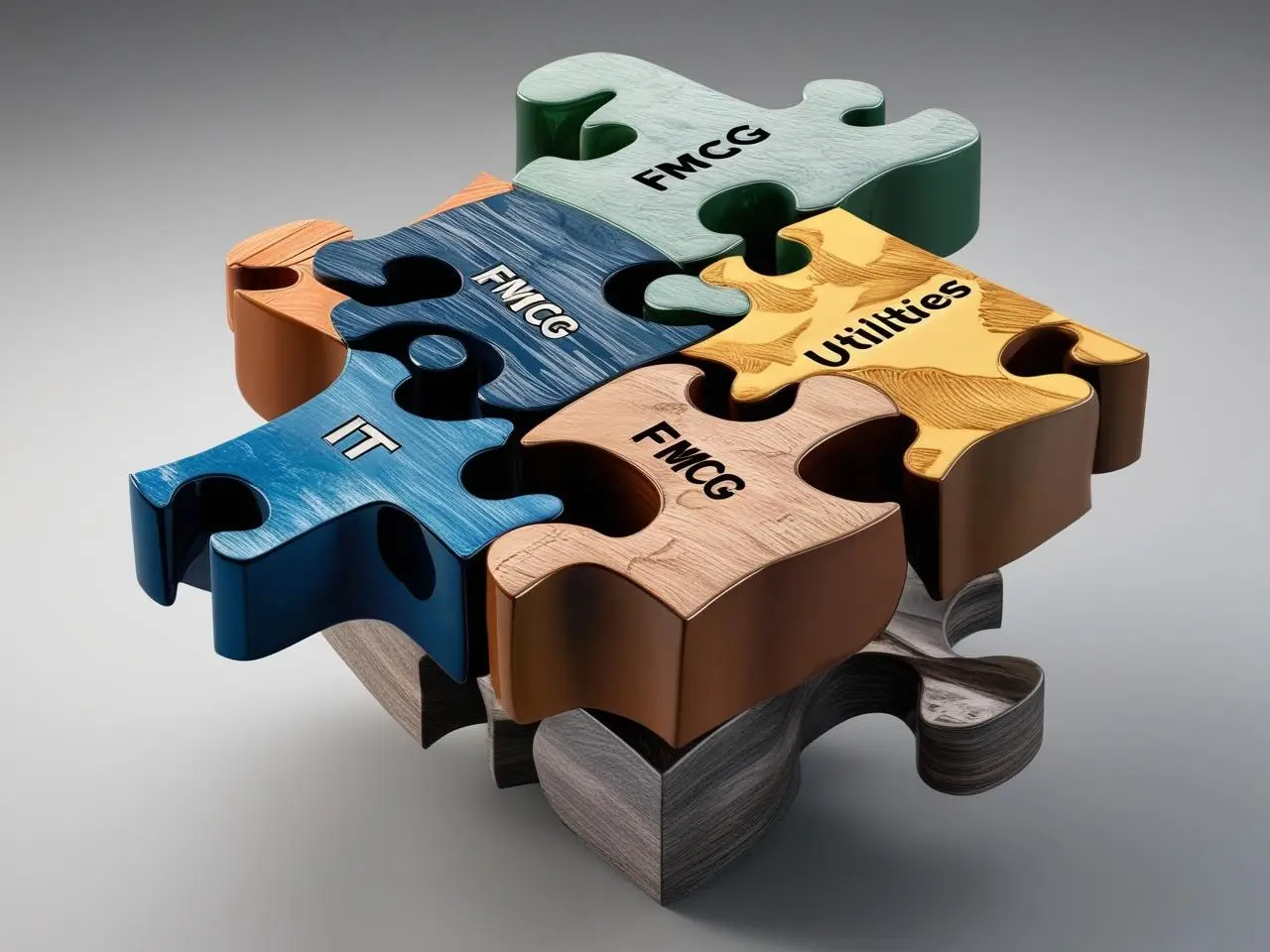 3D representation of diverse sector icons like IT, utilities, and FMCG, displayed on puzzle pieces connected together.
