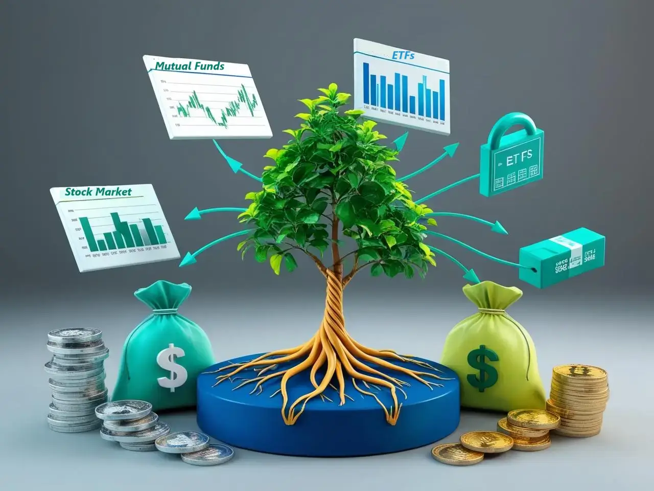 3D illustration showing a diversified portfolio with mutual funds and ETFs, including stocks, bonds, and currencies.
