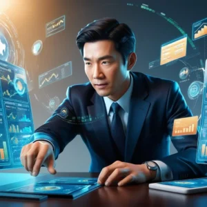 3D representation of a financial manager actively managing a mutual fund portfolio with digital reports.