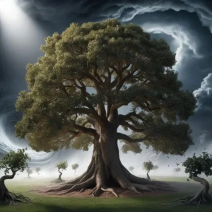A strong tree standing firm in a storm, symbolizing the resilience of blue-chip stocks.