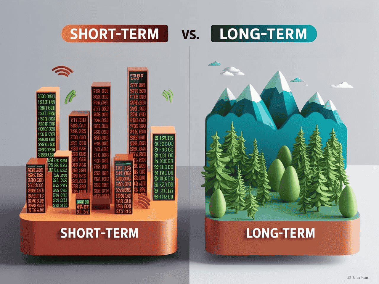 3D ultra-style comparison of short-term vs. long-term investment strategies