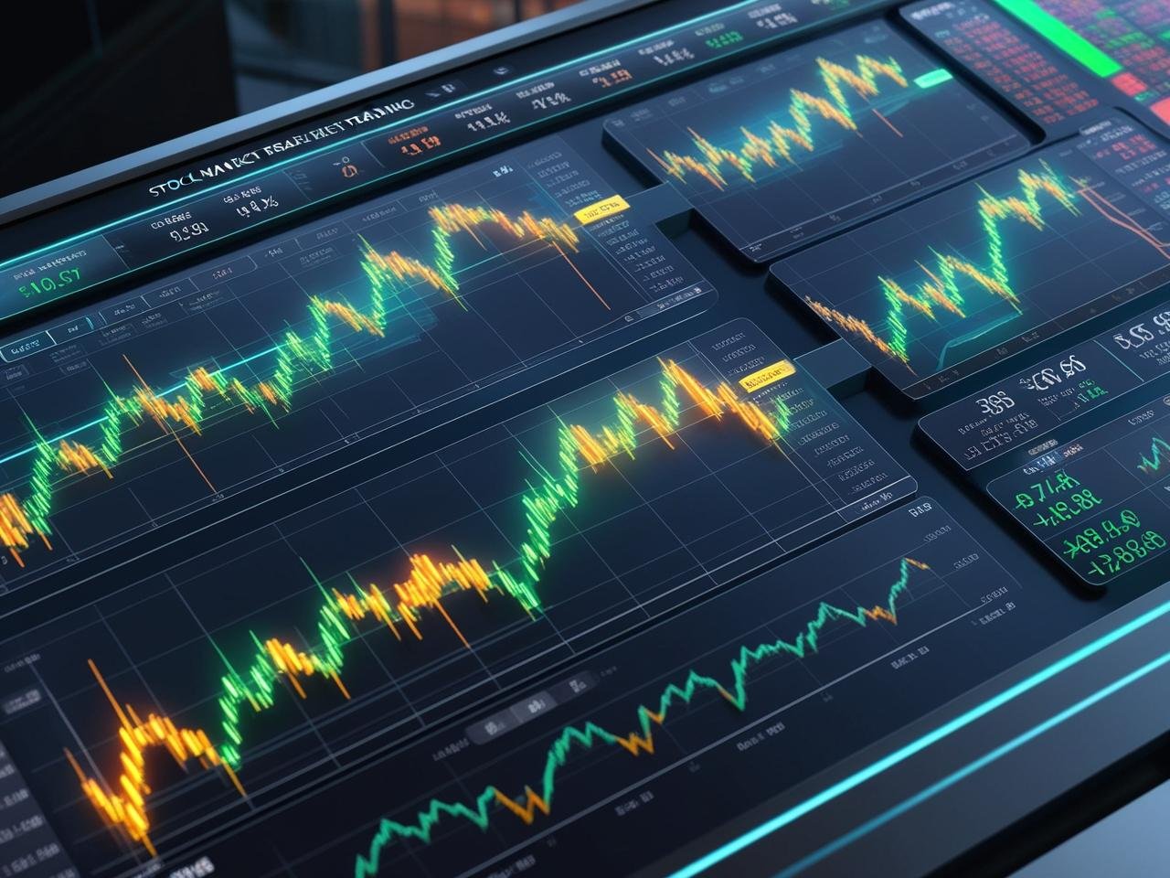 3D ultra-style stock market trading dashboard with real-time charts