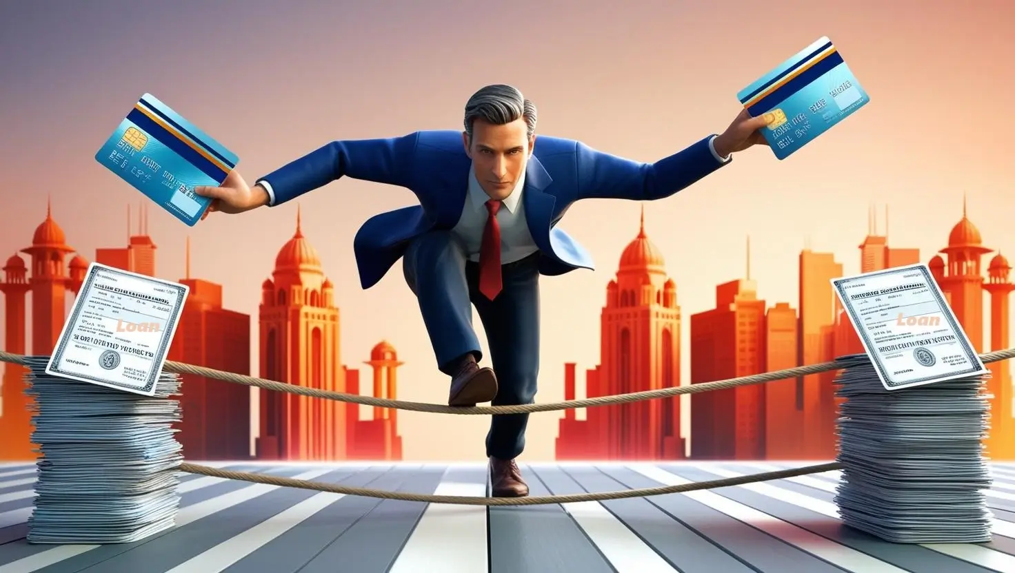 Debt management strategies concept with a man balancing credit cards and loans on a tightrope in a financial landscape.