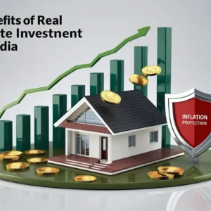 3D infographic highlighting capital appreciation, rental income, and inflation hedge benefits of real estate investment in India.
