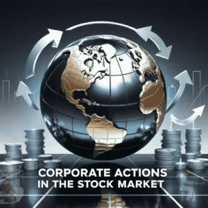 A visual representation of corporate actions in the stock market with ultra-realistic 3D elements.