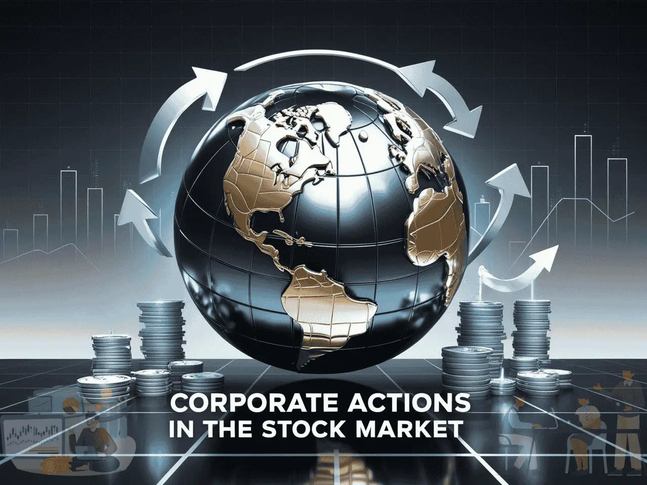 A visual representation of corporate actions in the stock market with ultra-realistic 3D elements.
