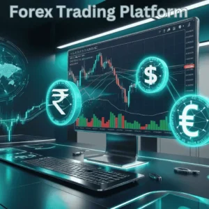 Futuristic trading setup with global currency symbols, AI analytics, and live forex charts.