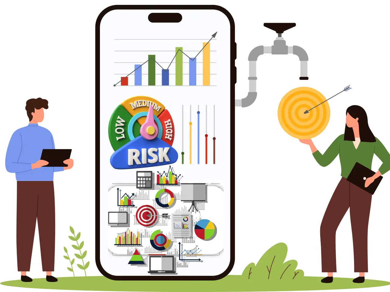 stock analyst’s desk with financial tools, reports, and valuations.